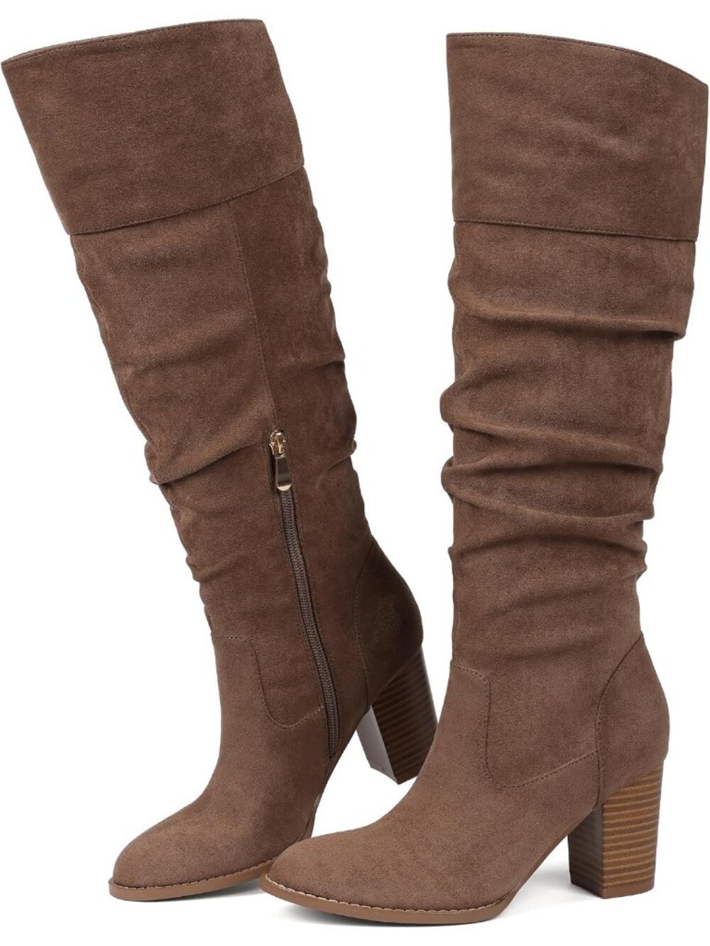 Women's Taupe Slouch Knee High Boots Chunky Heel Tall Boots Round Toe Pull On
